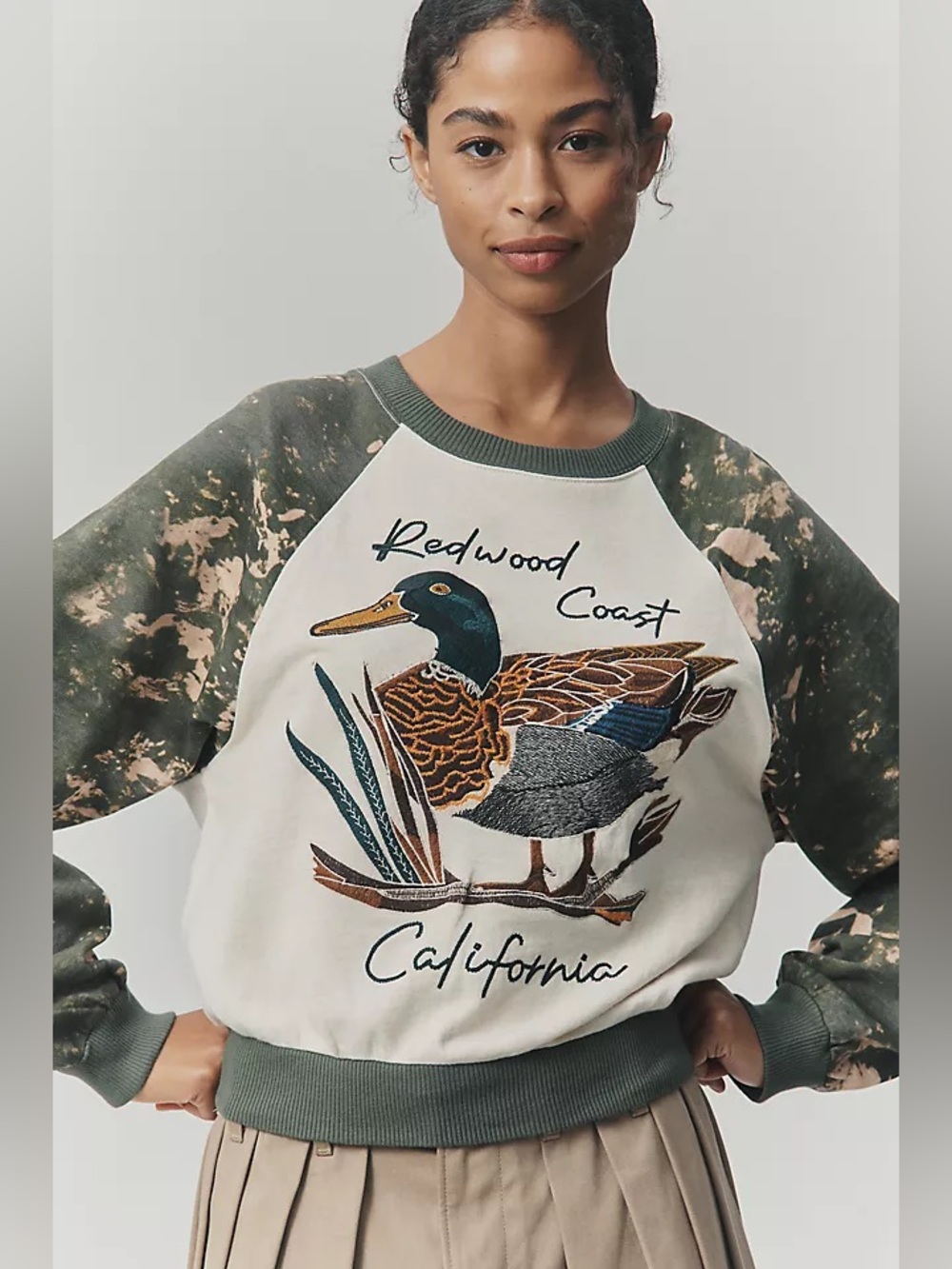 Anthropologie Pilcro Niki Redwood Coast Duck Embroidered Sweatshirt XXS Camo